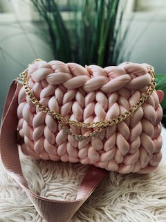 Chunky Bags — hand-knit blush bag with gold chain