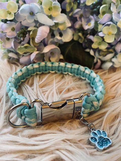 Dog Collars — hand-knotted turquoise paracord collar with paw charm
