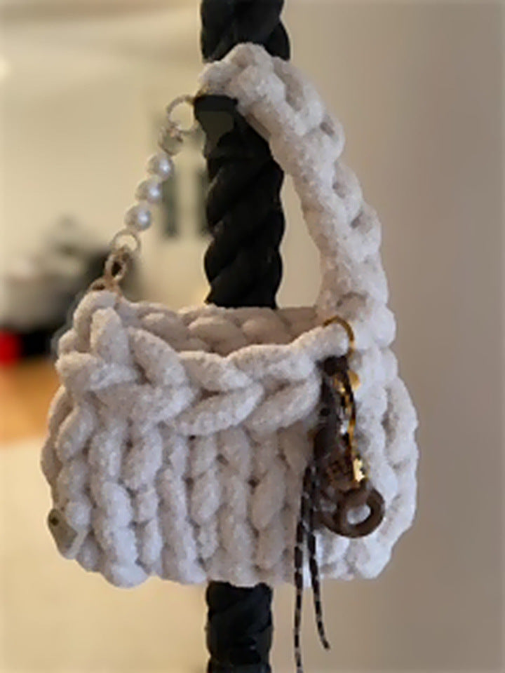Cream Cloud Teddy Bag — cream teddy plush chunky knit bag with pearl-beaded handle