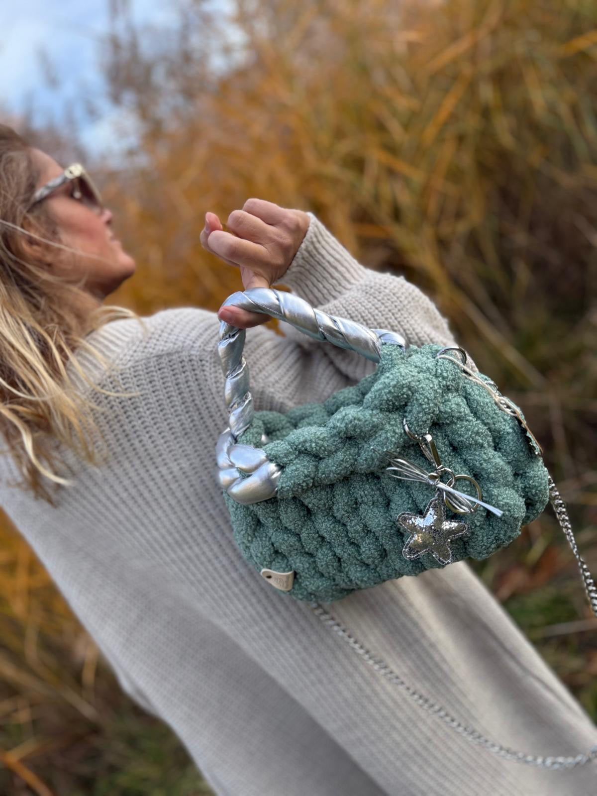 Emerald Teddy Bag — hand-knit teddy fleece bag in sage green with silver handle and star charm