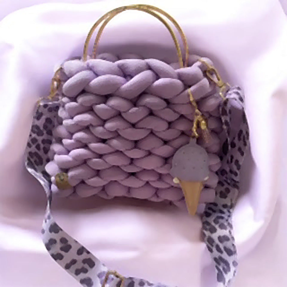 Lavender Dream Bag — lavender chunky knit bag with golden handles and leopard strap