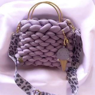 Lavender Dream Bag — hand-knit chunky bag in lavender with gold handles and leopard strap