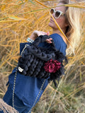 Midnight Bloom — black chunky knit bag with feathers, burgundy rose and pearl handle