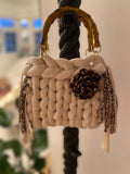 Nani Savannah — cream chunky knit bag with bamboo handle and leopard rosette