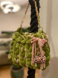 Olive Bloom Bag — olive chunky knit bag with blush ribbon and gold chain strap