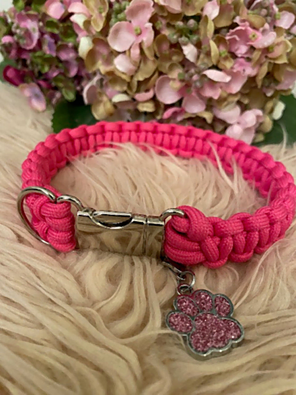 Pink Sparkle Collar — pink paracord dog collar with steel buckle and glitter paw charm