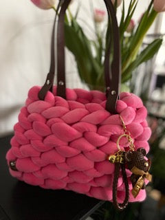 Rose Dream Bag — hand-knit chunky bag in rose pink with teddy charm