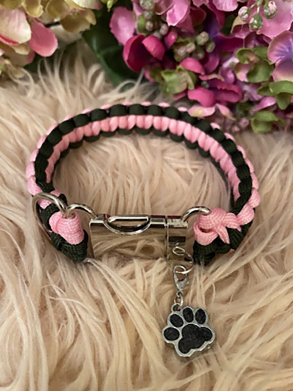 Rose Noir Collar — pink and black paracord dog collar with steel buckle and black paw charm