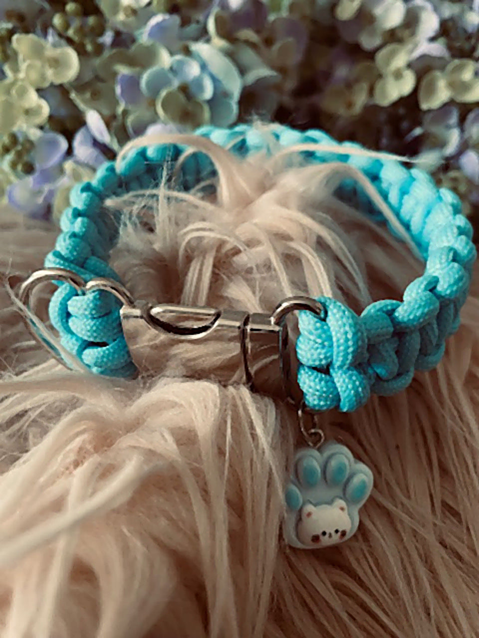 Sky Kitty Collar — sky blue paracord dog collar with steel buckle and kitty paw charm
